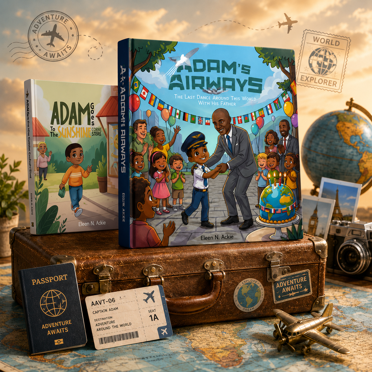 Adam's Airways Book Scene with Vintage Suitcase